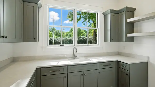 Pewter Green laundry with open shelving
