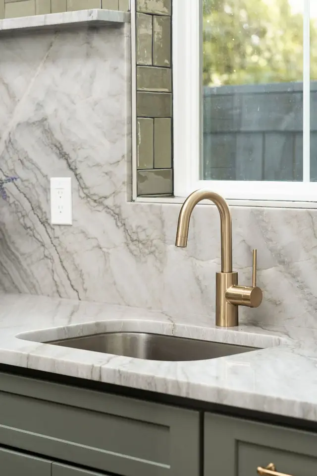 Prep sink detail in Pewter Green cabinetry