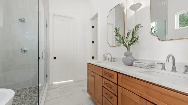 Sand double vanity with a marble top