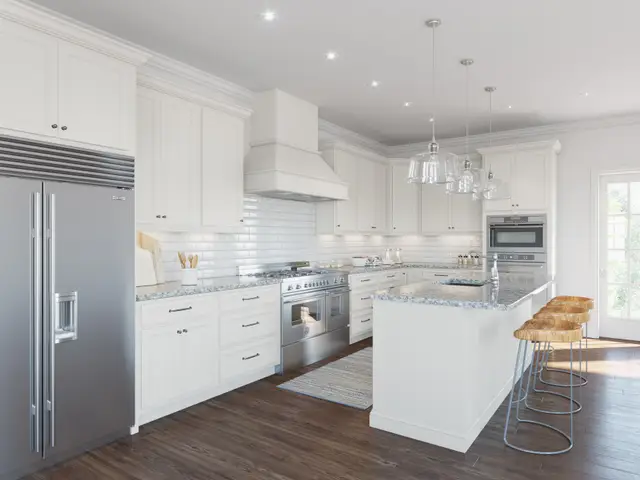Oyster kitchen with a painted hood and butcher-block seating