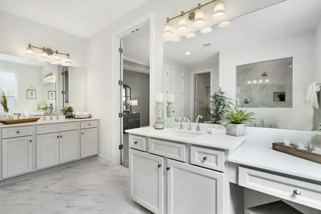 Timberland White raised-panel vanity with twin mirrors